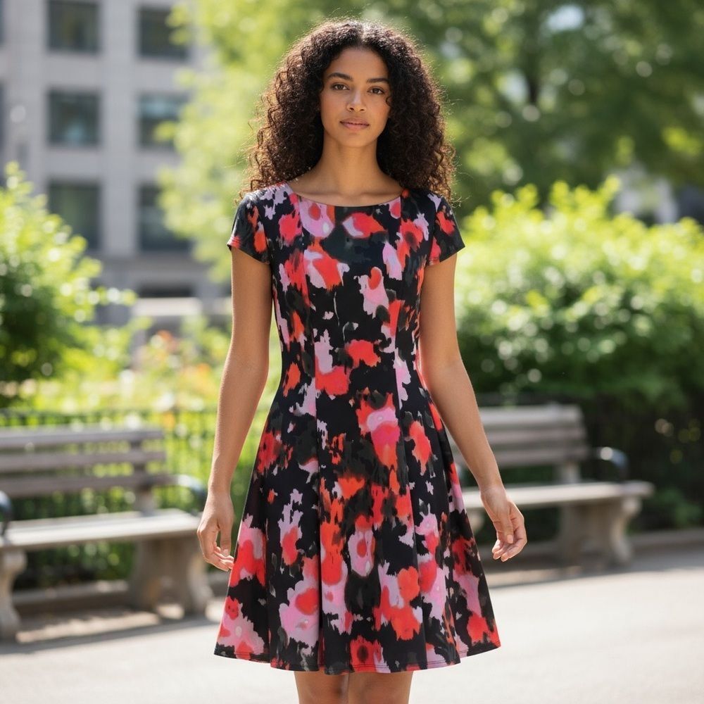 Betsey Johnson Multi Watercolor Fit & Flare Dress Sz 6 Vibrant Floral Print Zip